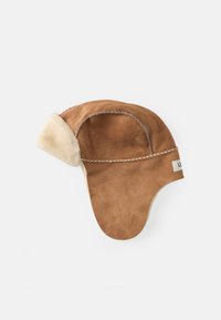 Brown suede winter trapper hat with cream fur lining and stitched detailing, displayed on a plain white background.