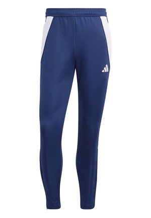 Marineblaue Sporthose mit weißen Seitenteilen, elastischem Bund und Adidas-Logo am rechten Oberschenkel.