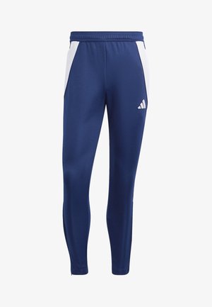 Marineblaue Sporthose mit weißen Seitenteilen, elastischem Bund und Adidas-Logo am rechten Oberschenkel.