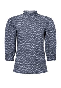 Hoge hals, lange mouwen damesblouse met een blauw en wit abstract patroon en gepast stofdetails op de manchetten en kraag.