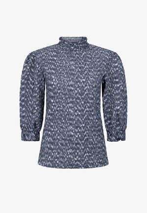 Hochgeschlossenes, langärmliges Damenbluse mit blau-weißen abstrakten Muster und gerafften Stoffdetails an den Manschetten und dem Kragen.