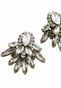 Rhinestone earrings featuring a floral design with marquise and round-cut stones, set in an antique-style metal. Clear and reflective finish.