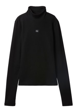 Zwarte geribde coltrui met lange mouwen en een klein vierkant Calvin Klein-logo midden op de borst.
