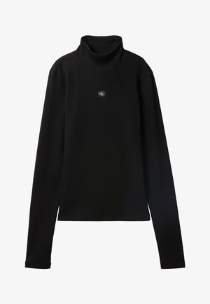 Top negru cu guler înalt, cu mâneci lungi, cu un mic patch pătrat cu logo-ul Calvin Klein centrat pe piept.