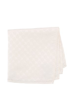 Witte zijden sjaal gevouwen, met een subtiel herhalend patroon van kleine bloemenmotieven over de stof.