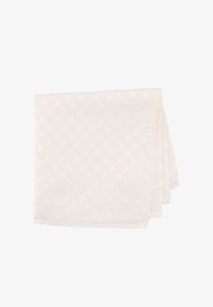 Weißer Seidenschal, gefaltet, mit einem dezenten wiederholenden Muster kleiner floraler Motive über den Stoff verteilt.