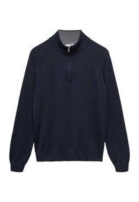 Pull en maille bleu marine avec col zippé quart, poignets et ourlet côtelés. Présente une texture contrastante à l'intérieur du col.