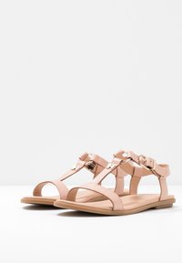 Vaaleanpunaiset nahkasandaalit, joissa on litteät pohjat, avoin varvas ja nilkkahihnat, joissa on kultaiset yksityiskohdat ja minimalistinen muotoilu.