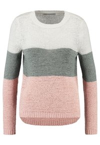 Sweter dzianinowy z długim rękawem w szerokie poziome paski w kolorze białym, szarym i różowym, z okrągłym dekoltem i ściągaczem na dole.