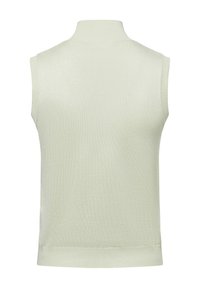 Suéter sin mangas de color verde claro con cuello alto, hecho de un suave tejido de punto. Diseño simple y textura uniforme, con un dobladillo recto en la parte inferior.