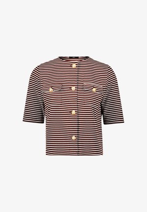 Brown and white striped short-sleeve button-up shirt with two chest pockets and gold-tone buttons on the front. Smooth fabric texture.
