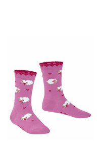 Rosa Socken mit gewelltem Oberteil und weißen Schafmustern, verziert mit roten Schleifen und Herzen, aus weichem, elastischem Material.