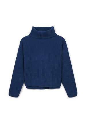 Pull col roulé en tricot bleu avec un motif texturé, coupe courte et manches larges. Le matériau semble doux et confortable.