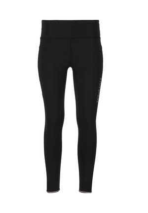 Sorte sportlige leggings lavet af strækbart stof, med en høj talje og diskret branding på siden. Glat tekstur og tætsiddende form.