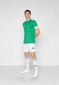 Green athletic jersey with white stripes, paired with white shorts featuring black logo and blue-striped socks. Footwear is white.