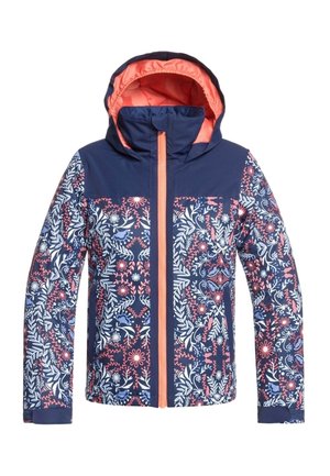 Granatowa wodoodporna kurtka z kwiatowym wzorem w kolorze różowym i białym, z przednim zamkiem błyskawicznym i regulowanym kapturem.