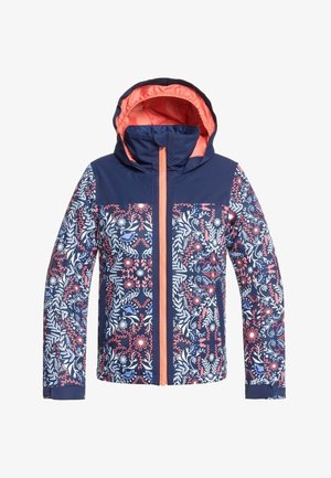 Veste imperméable bleu marine avec un motif floral rose et blanc, dotée d'une fermeture éclair à l'avant et d'une capuche ajustable.