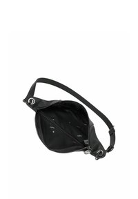 Borsa in pelle nera con forma curva, chiusura con zip e tracolla regolabile. L'interno presenta una fodera nera con piccoli motivi a forma di stella colorati.