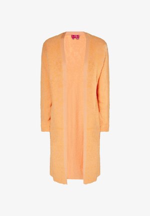 Pehmeä, avoin edestä auki oleva neuletakki vaaleanpunaisessa pastellisarjassa, jossa on kolmannes hihoista ja sileä kontrastiväri reunuksilla.