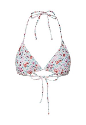 Haut de bikini triangle à imprimé floral avec col halter et bretelles à nouer dans le dos, en blanc, rouge, violet et bleu.