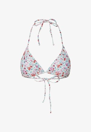 Bloemenprint driehoek bikini top met halternek en strikbanden aan de achterkant in wit, rood, paars en blauw.