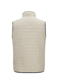 Beige gesteppte Weste mit Stehkragen, horizontaler Naht und schwarzem Besatz an den Seiten und dem unteren Saum. Markenlogo auf dem Kragen.
