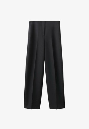 Pantalones de pierna ancha negros con cintura alta y líneas de pliegue frontal, diseñados para uso formal o profesional.