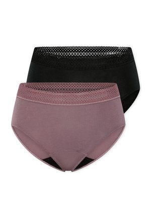 Deux culottes taille haute pour femmes avec ceintures en dentelle, une noire et une mauve, présentées sur un fond blanc.