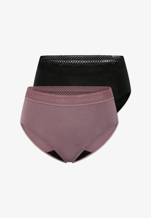 Deux culottes taille haute pour femmes avec ceintures en dentelle, une noire et une mauve, présentées sur un fond blanc.