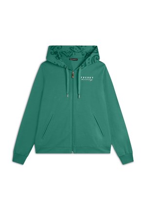 Felpa verde con zip realizzata in tessuto morbido. Presenta un cappuccio con motivo, due tasche laterali e un logo bianco sul petto.