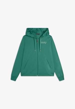 Felpa verde con zip realizzata in tessuto morbido. Presenta un cappuccio con motivo, due tasche laterali e un logo bianco sul petto.