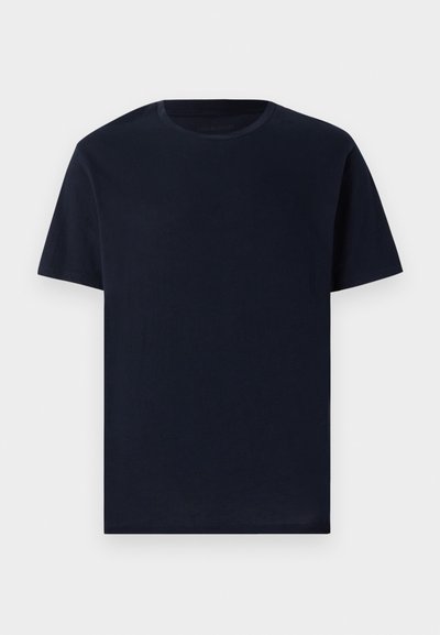 Navy blue cotton T-shirt with short sleeves, round neckline, and a smooth texture. Simple design, no patterns or graphics.