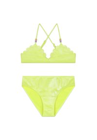 Ensemble de bikini jaune néon avec des bords festonnés sur le haut, des bretelles réglables ornées de perles colorées, et une texture lisse.