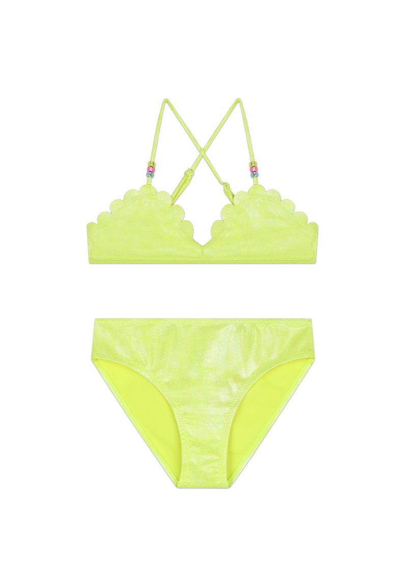 Ensemble de bikini jaune néon avec des bords festonnés sur le haut, des bretelles réglables ornées de perles colorées, et une texture lisse.