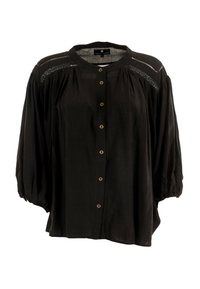 Camicia nera con bottoni, maniche lunghe a sbuffo, scollatura rotonda e dettagli in pizzo sulla parte superiore del petto e sulle spalle.