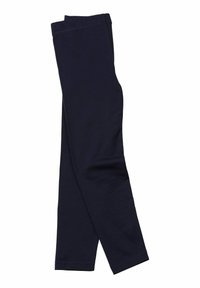 Navy blue leggings made of stretchy fabric, featuring a fitted design and an elastic waistband for comfort, with no visible patterns or accents.