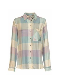Checked button-up shirt in pastel colors, featuring a pocket, a pointed collar, and brown buttons. Made of lightweight, smooth fabric.