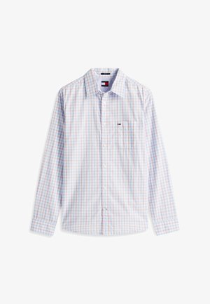 Camisa de hombre de manga larga con botones, con estampado de cuadros en azul claro, rojo y blanco, bolsillo en el pecho delantero y cuello clásico.