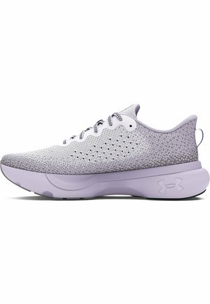 Light purple athletic shoes with a knitted upper, textured design, perforations for breathability, and a thick, cushioned sole.