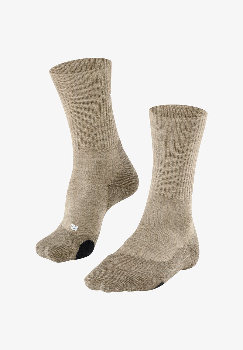 Paar beige knöchellange Socken mit gerippten Bündchen und verstärkten schwarzen Fersen- und Zehenbereichen.