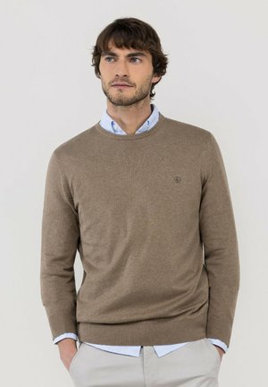 Hombre con cabello castaño que lleva un suéter beige sobre una camisa azul claro con cuello y pantalones de color claro, de pie con las manos en los bolsillos.
