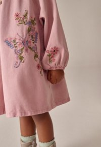 Abito in cotone rosa con maniche lunghe, caratterizzato da ricami floreali e di farfalle in blu, verde e rosa. Include polsini elasticizzati e un orlo arrotondato.