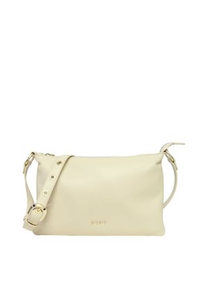 Borsa a tracolla beige in pelle con tracolla regolabile, fibbia dorata, chiusura con zip e piccolo nome del marchio in rilievo sul davanti al centro.