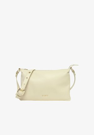 Borsa a tracolla beige in pelle con tracolla regolabile, fibbia dorata, chiusura con zip e piccolo nome del marchio in rilievo sul davanti al centro.