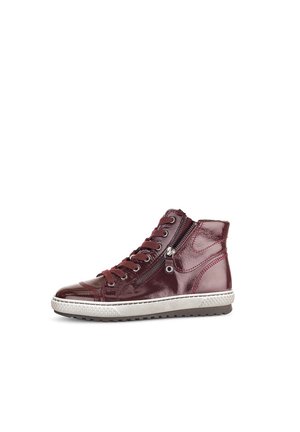 High-top sneaker made of burgundy patent leather with a side zipper, round toe, and white rubber sole with textured grip.