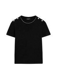 Schwarz, kurzärmliges T-Shirt aus Baumwollstoff mit rundem Halsausschnitt und weißen Akzenten sowie dekorativen Knöpfen auf den Schultern.