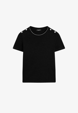 Zwarte t-shirt met korte mouwen van katoen, voorzien van een ronde halslijn met witte accenten en decoratieve knopen op de schouders.