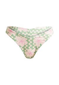 Bikini bottom in green with a wave pattern; features large pink hibiscus flowers; made of stretchy fabric; low-rise design.