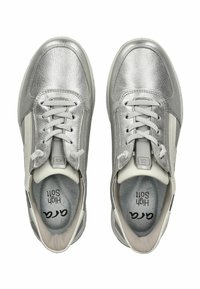 Silver leather high-top sneakers with white accents, featuring a textured finish, rounded toe, and flat laces. "High Soft" logo visible inside.