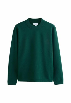 Dunkelgrüner Pullover mit langen Ärmeln und Rundhalsausschnitt, mit geripptem Kragen, Bündchen und Saum, auf weißem Hintergrund gezeigt.